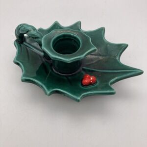 Vintage Lefton Christmas Green Holly Berry Leaf Candle Holder Single  717